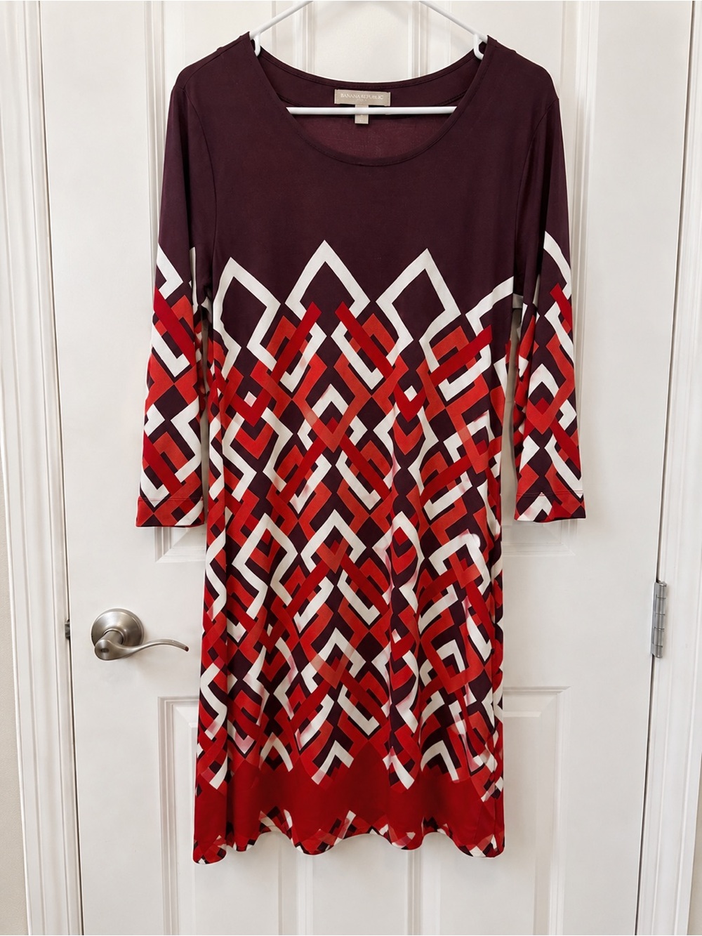Banana Republic Maroon Dress with Red and White Geometric Print